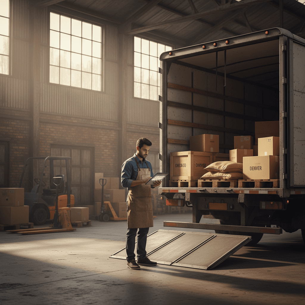 Coordinator checking LTL shipment details on tablet near loading dock