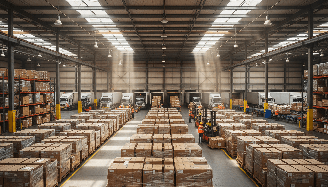Organized freight and shipping operations in a modern distribution warehouse