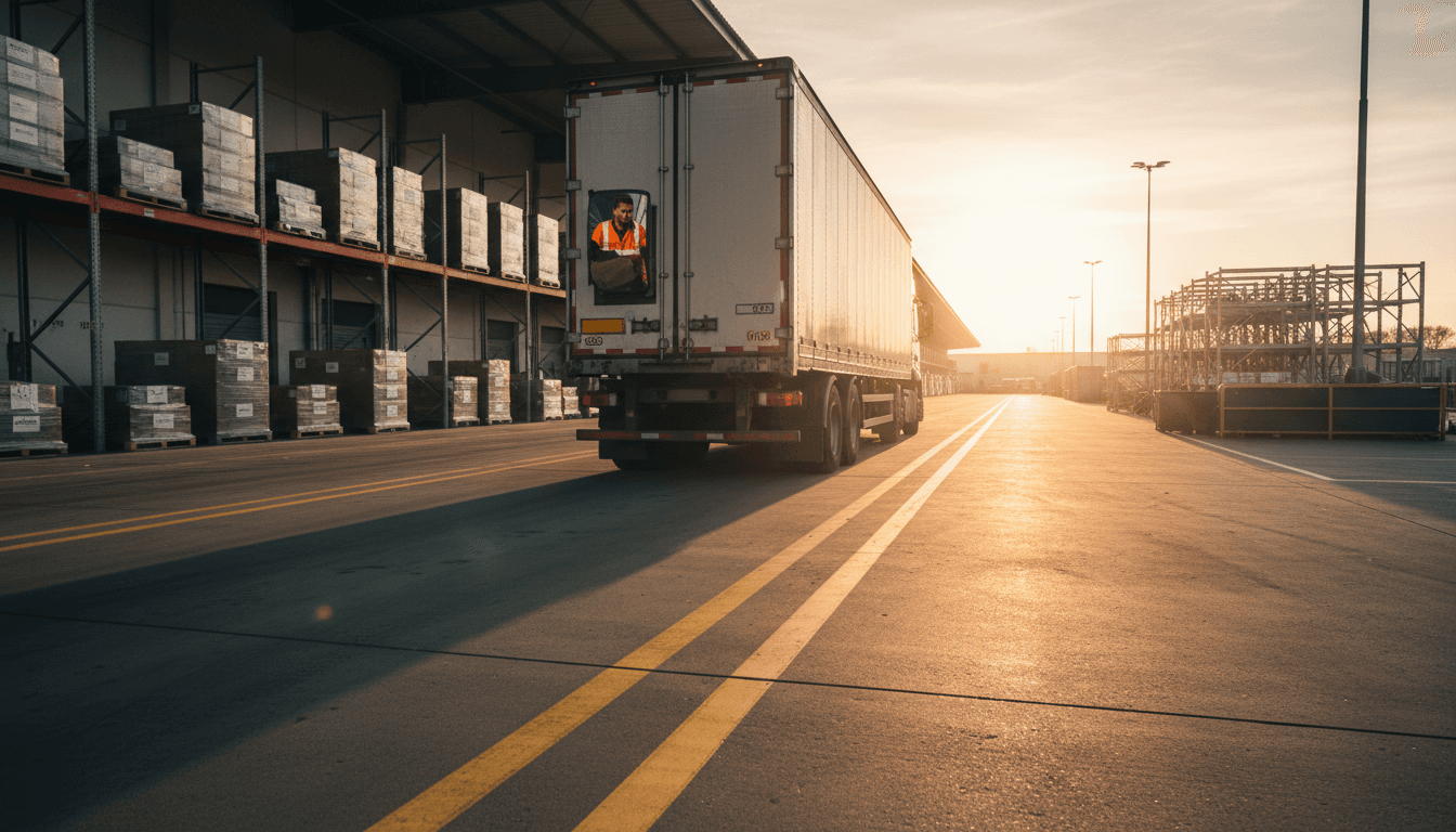 Semi-truck loaded and ready to depart from a freight logistics facility
