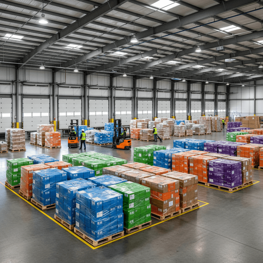 Organized LTL freight on pallets ready for consolidation at warehouse dock