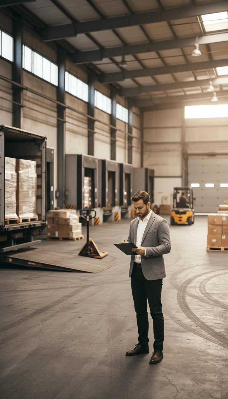 Logistics coordinator reviewing freight documentation at a warehouse loading dock