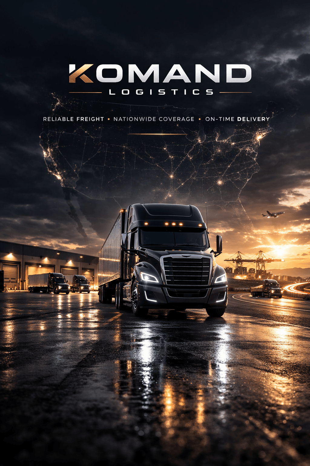Sleek black semi-truck at a sunset logistics hub with a glowing map of the USA.